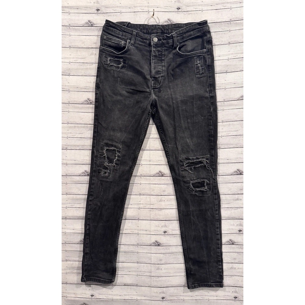 KSUBI Mens Denim Jean Sz 34x30 Black Skinny Grunge Distressed Pant Button Fly